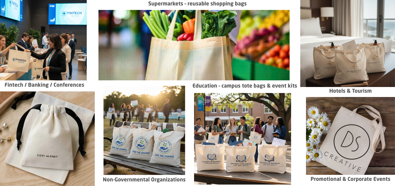 sectoren waarin Oasis International duurzame katoenen tassen levert